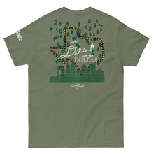 Load image into Gallery viewer, Green t-shirt with a graphic design on the back featuring a map of Dallas.
